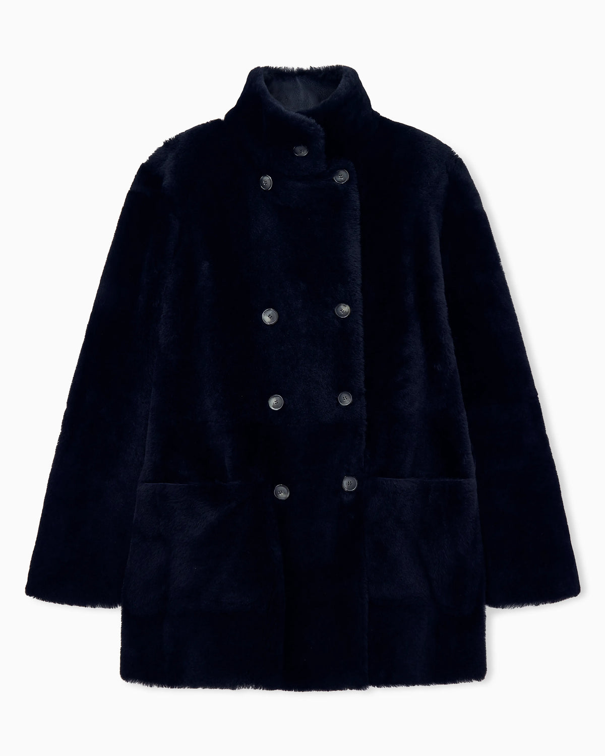 Reversible, double-breasted sheepskin pea coat