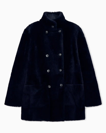 Reversible, double-breasted sheepskin pea coat