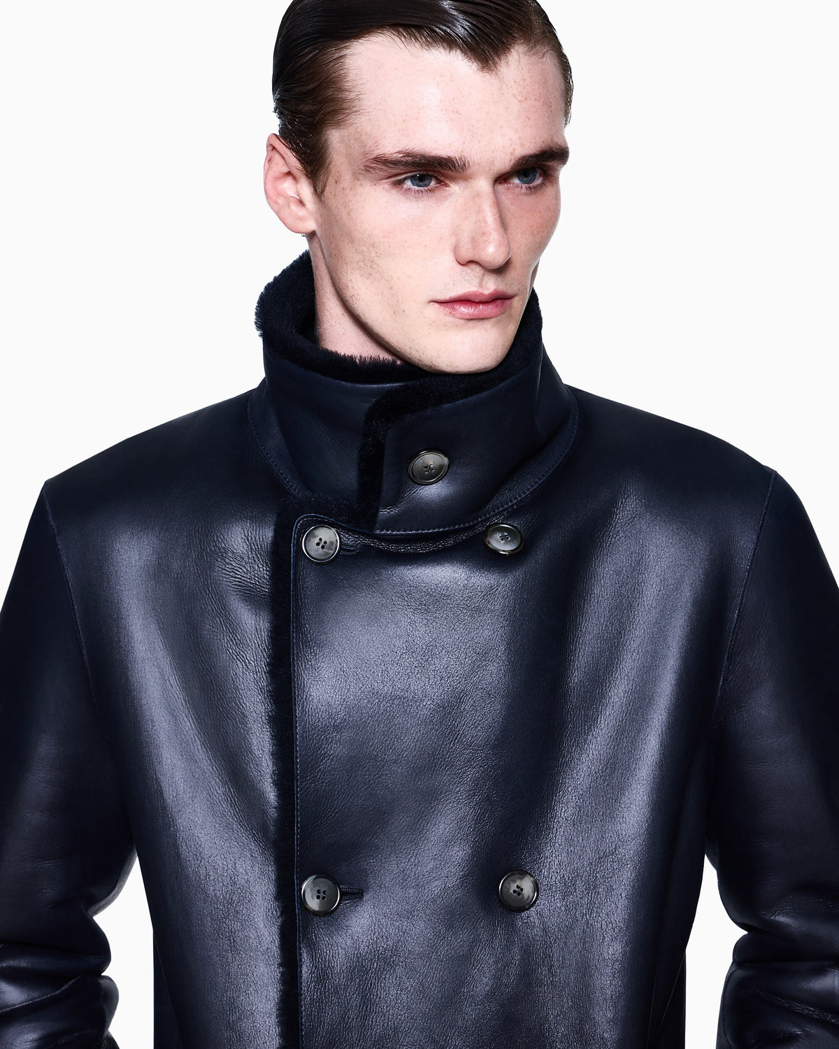Reversible, double-breasted sheepskin pea coat