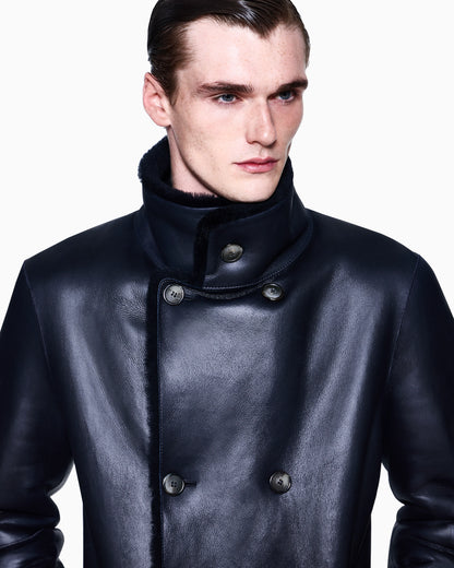 Reversible, double-breasted sheepskin pea coat