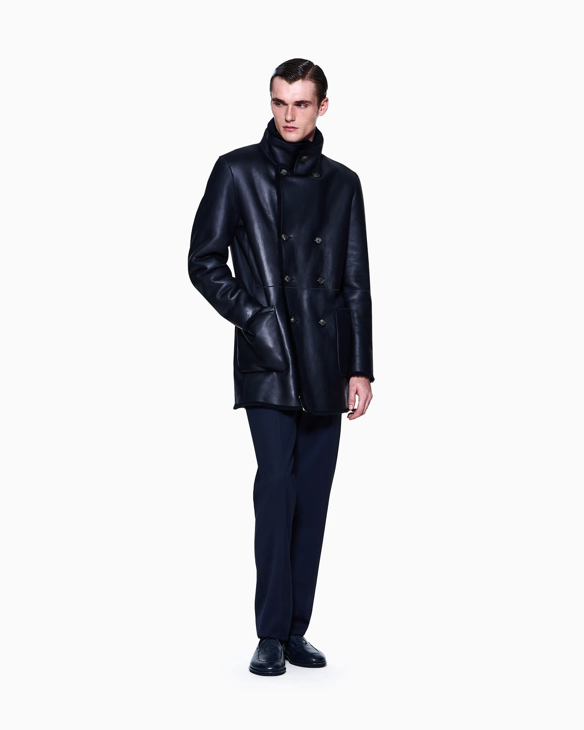 Reversible, double-breasted sheepskin pea coat