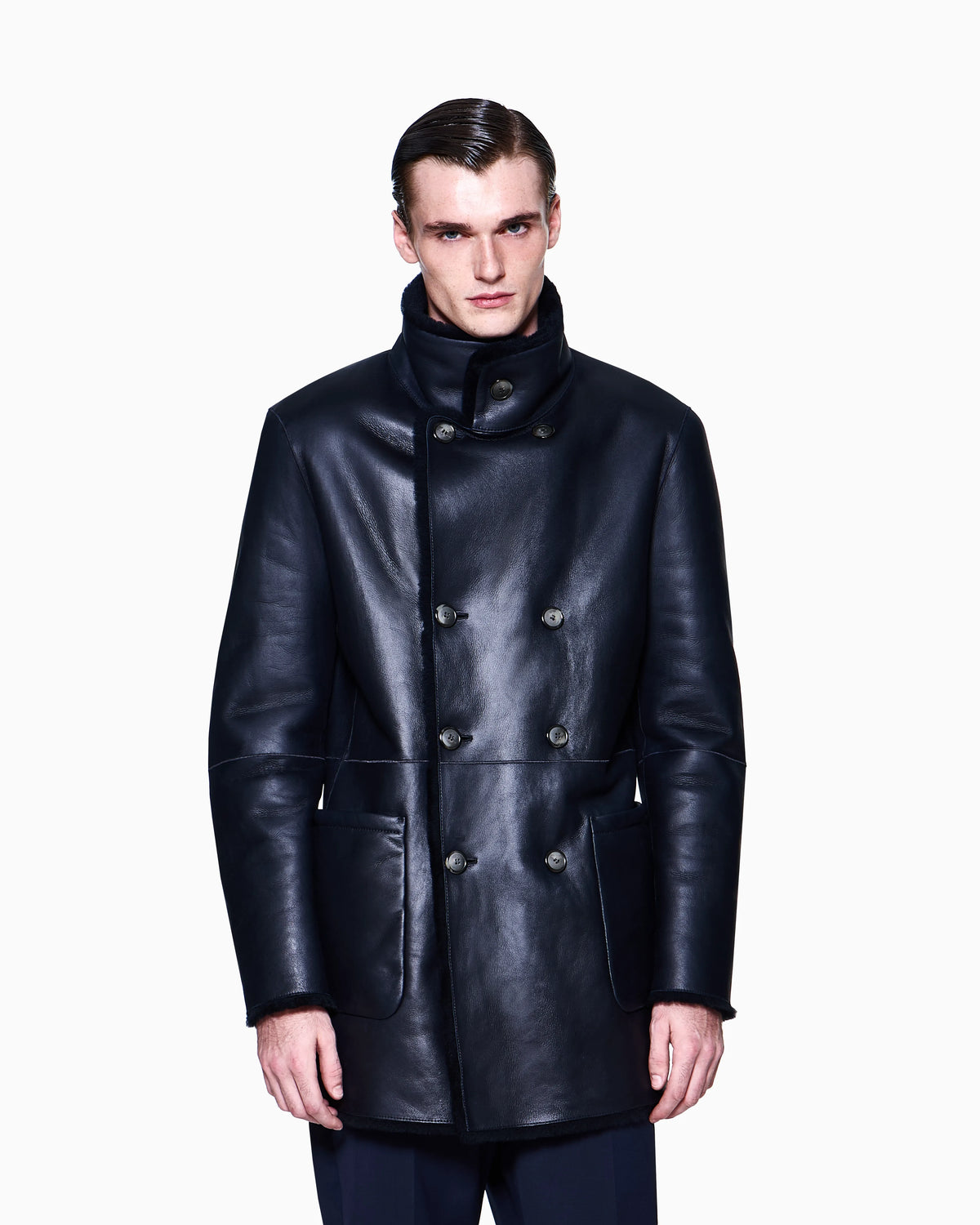 Reversible, double-breasted sheepskin pea coat