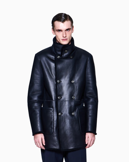 Reversible, double-breasted sheepskin pea coat