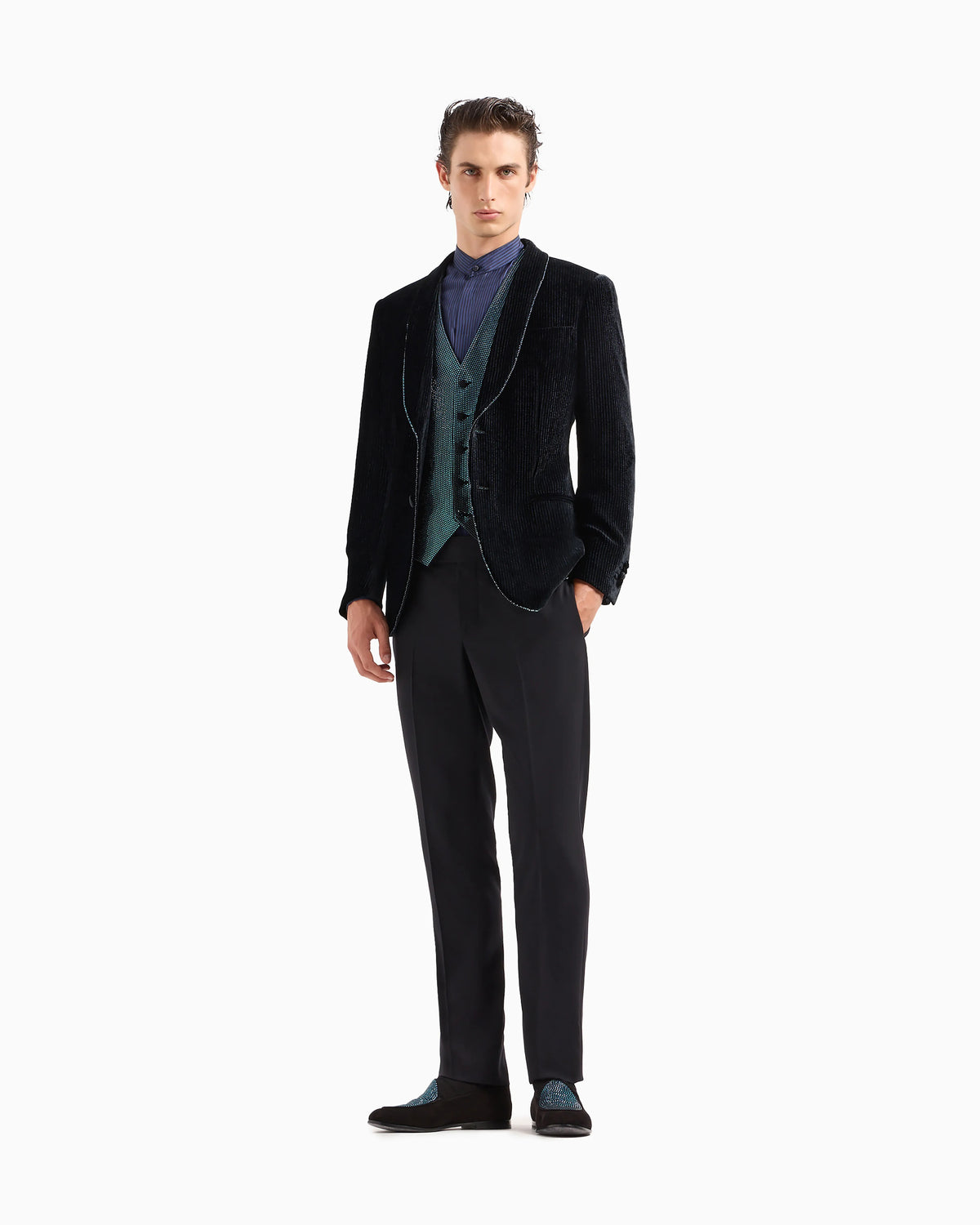 Soho line single-breasted tuxedo jacket in rhinestone-embroidered velvet