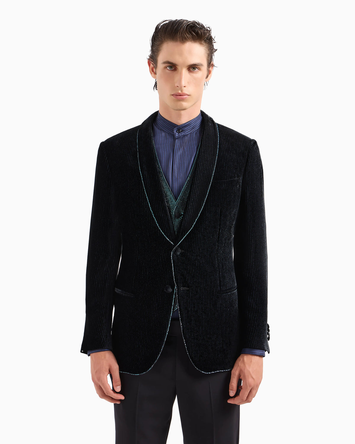Soho line single-breasted tuxedo jacket in rhinestone-embroidered velvet