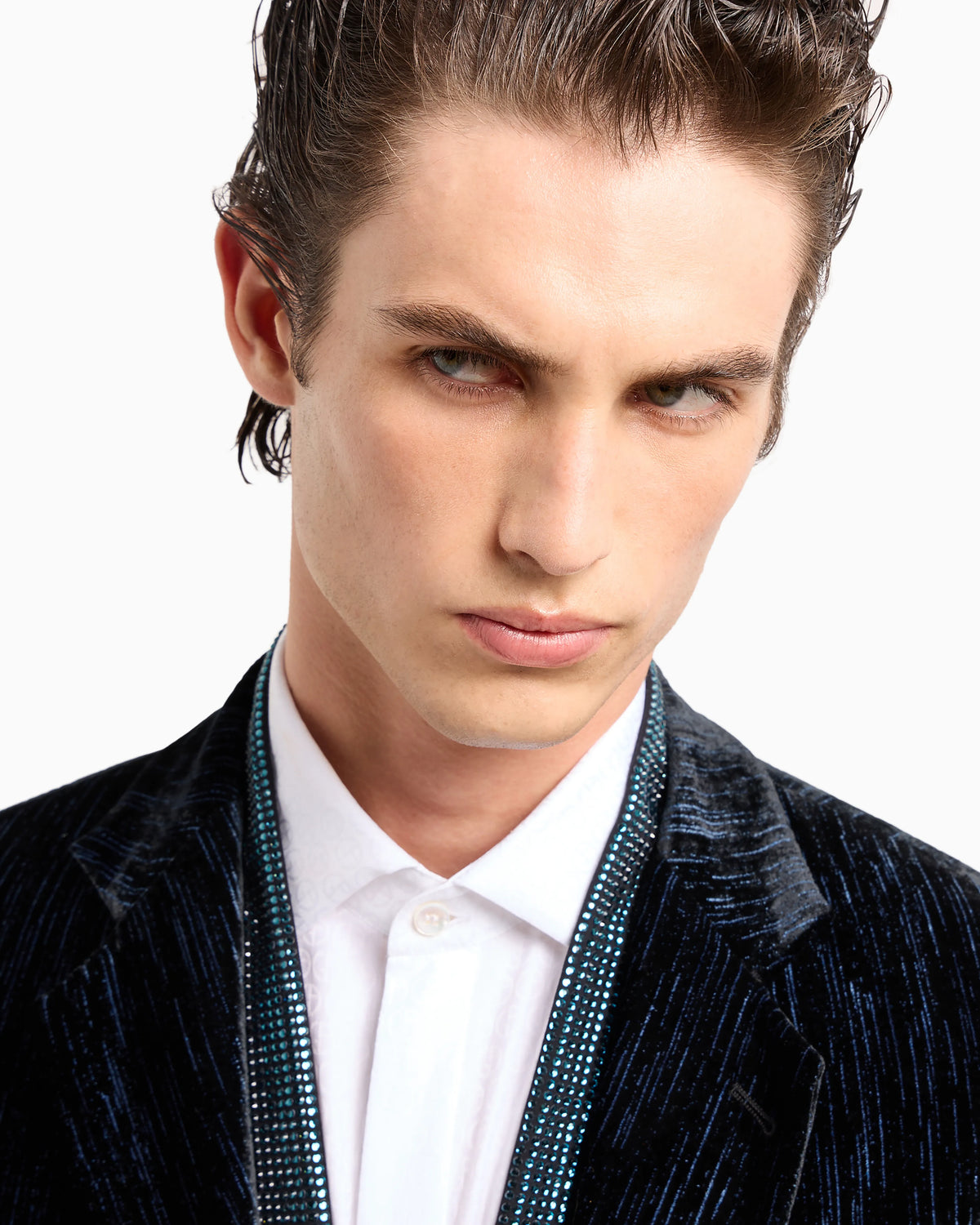 Soho line single-breasted tuxedo jacket in rhinestoned velvet