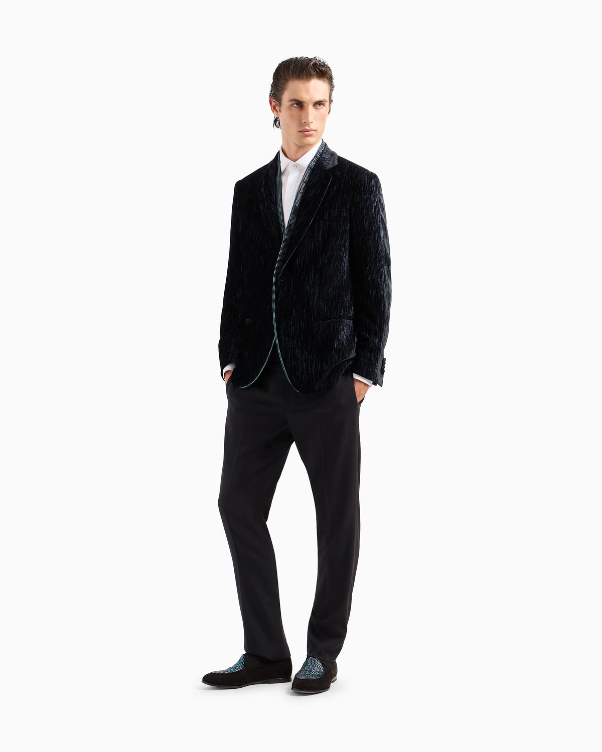 Soho line single-breasted tuxedo jacket in rhinestoned velvet