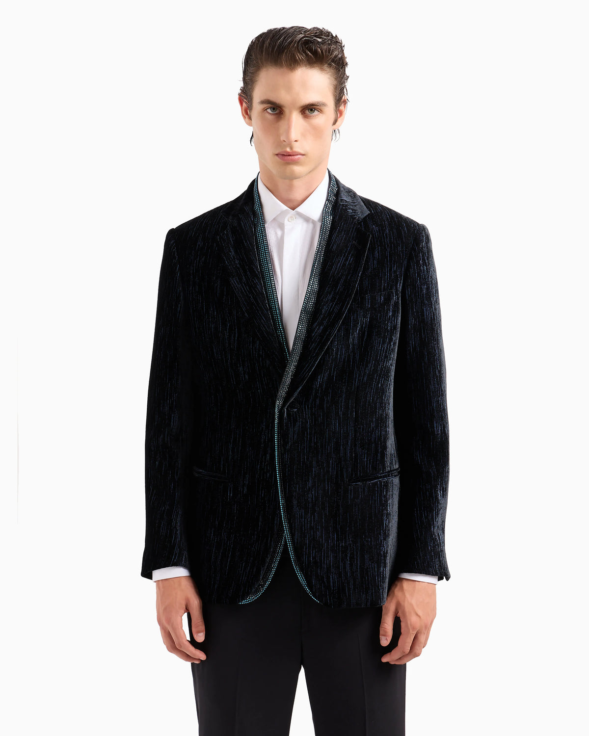 Soho line single-breasted tuxedo jacket in rhinestoned velvet