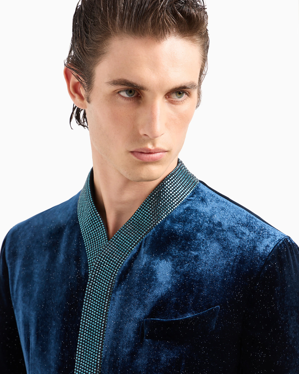 Upton line single-breasted jacket in rhinestoned velvet