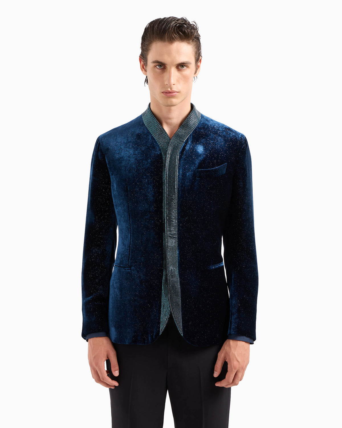 Upton line single-breasted jacket in rhinestoned velvet