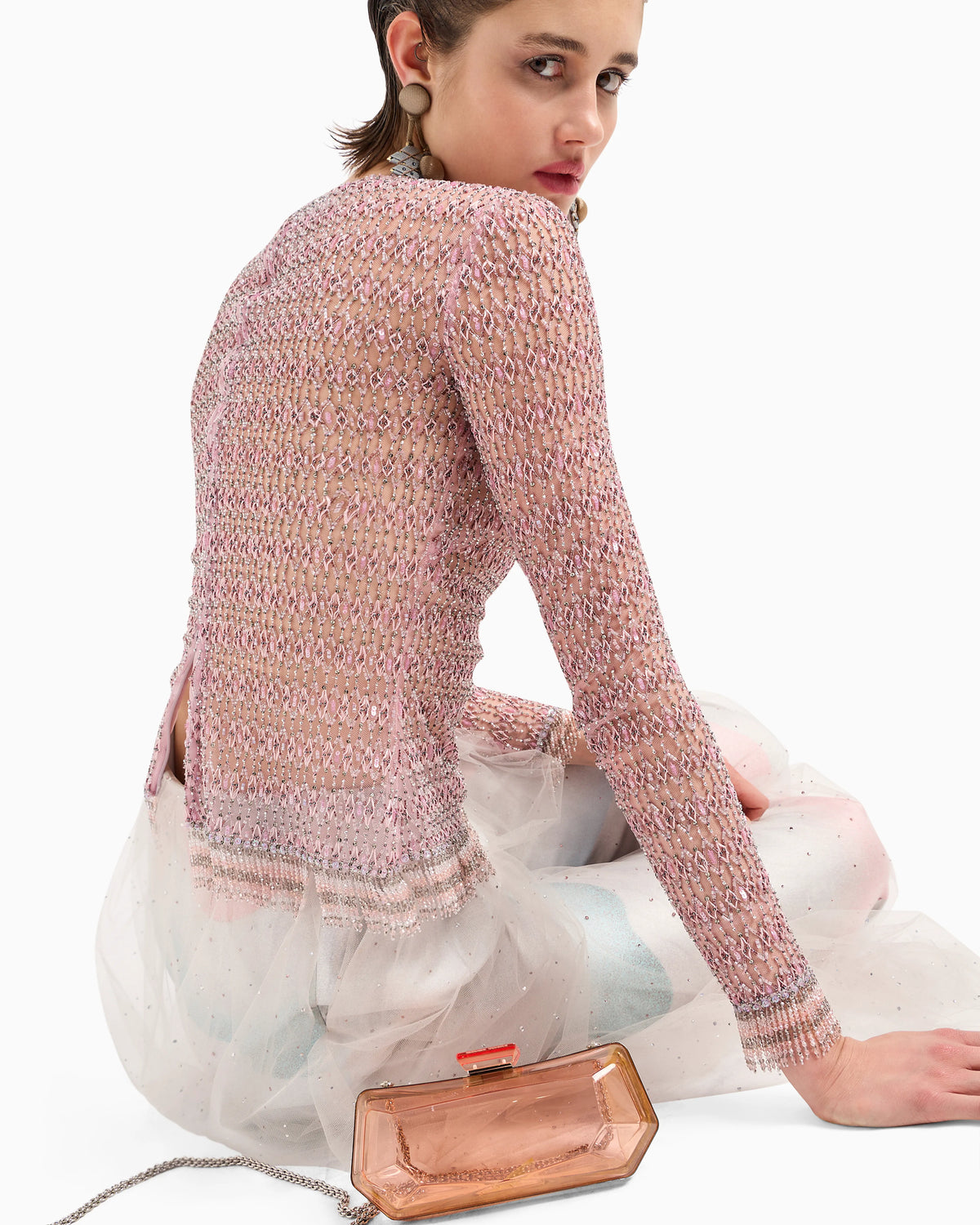 Crew-neck jumper in tulle with crystal embroidery
