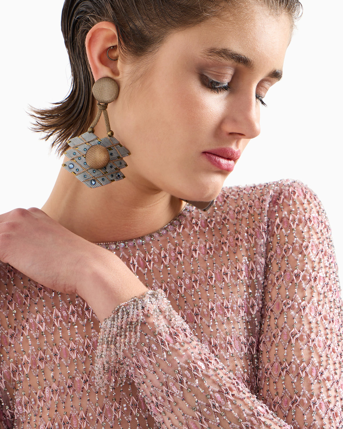 Crew-neck jumper in tulle with crystal embroidery