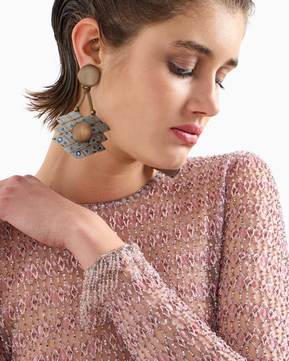 Crew-neck jumper in tulle with crystal embroidery