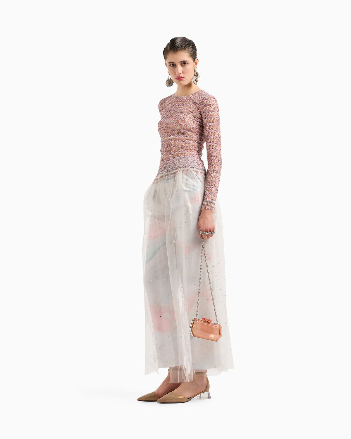 Crew-neck jumper in tulle with crystal embroidery