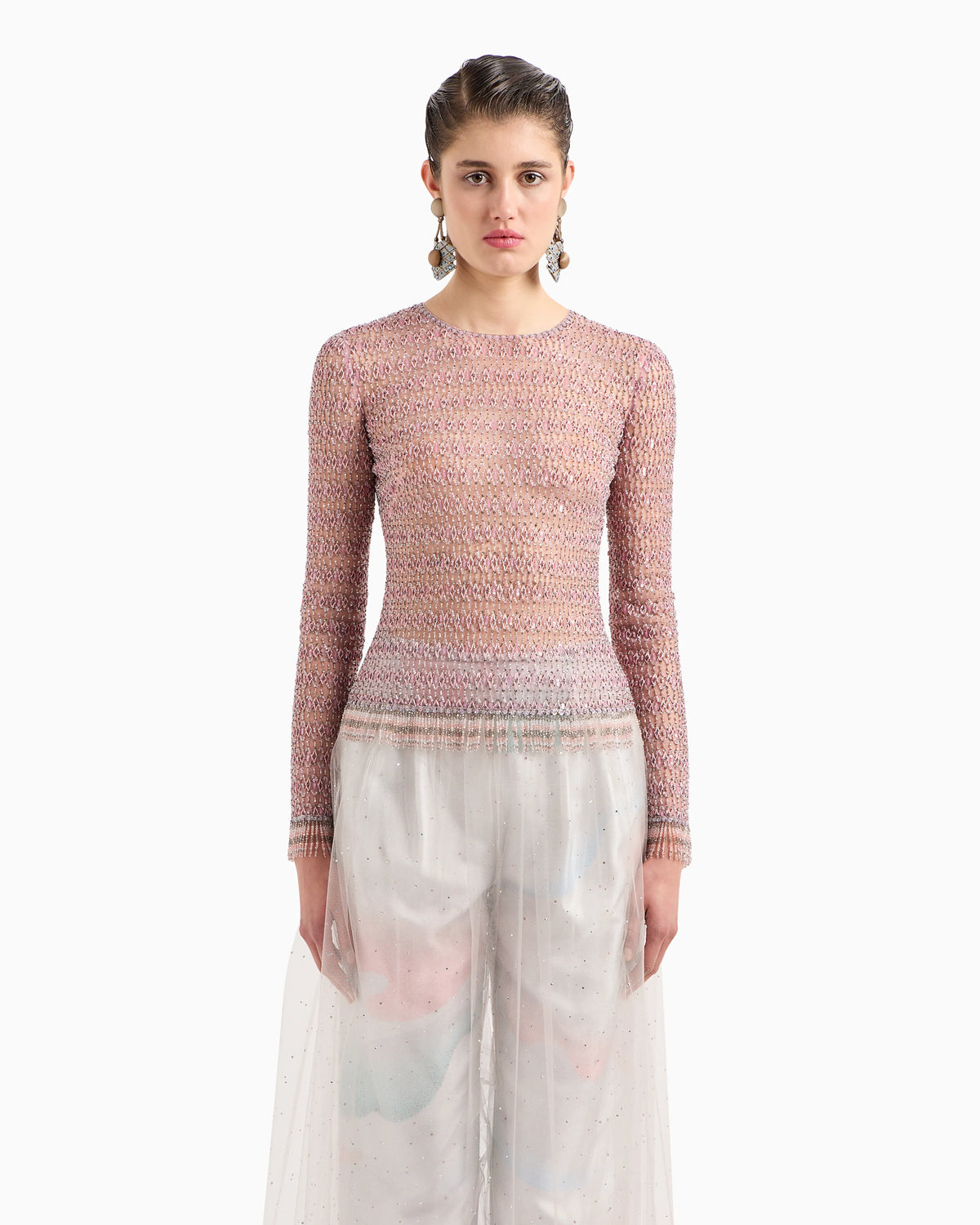 Crew-neck jumper in tulle with crystal embroidery