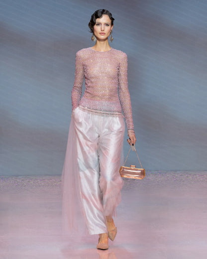 Crew-neck jumper in tulle with crystal embroidery