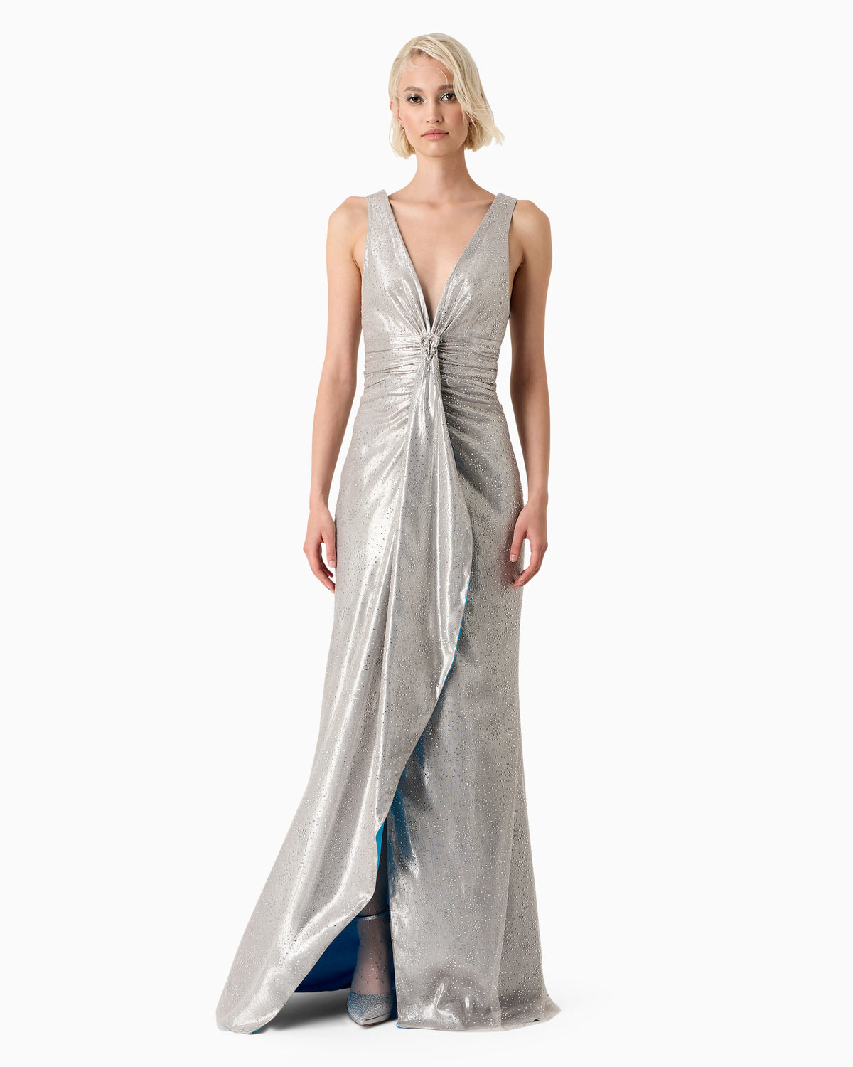 Lurex and tulle long dress with rhinestone embroidery