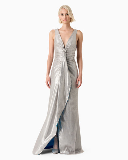 Lurex and tulle long dress with rhinestone embroidery