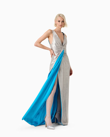 Lurex and tulle long dress with rhinestone embroidery