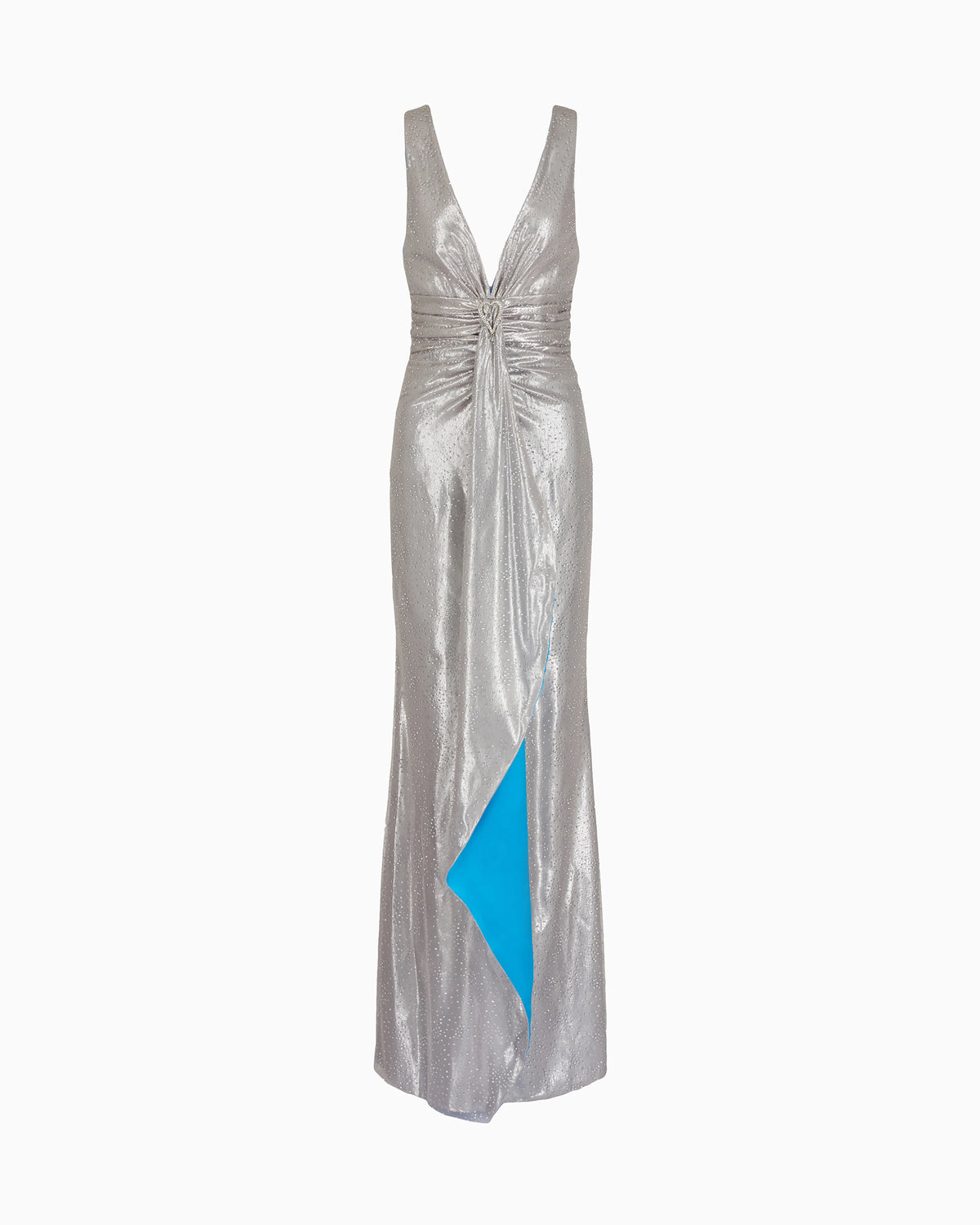 Lurex and tulle long dress with rhinestone embroidery