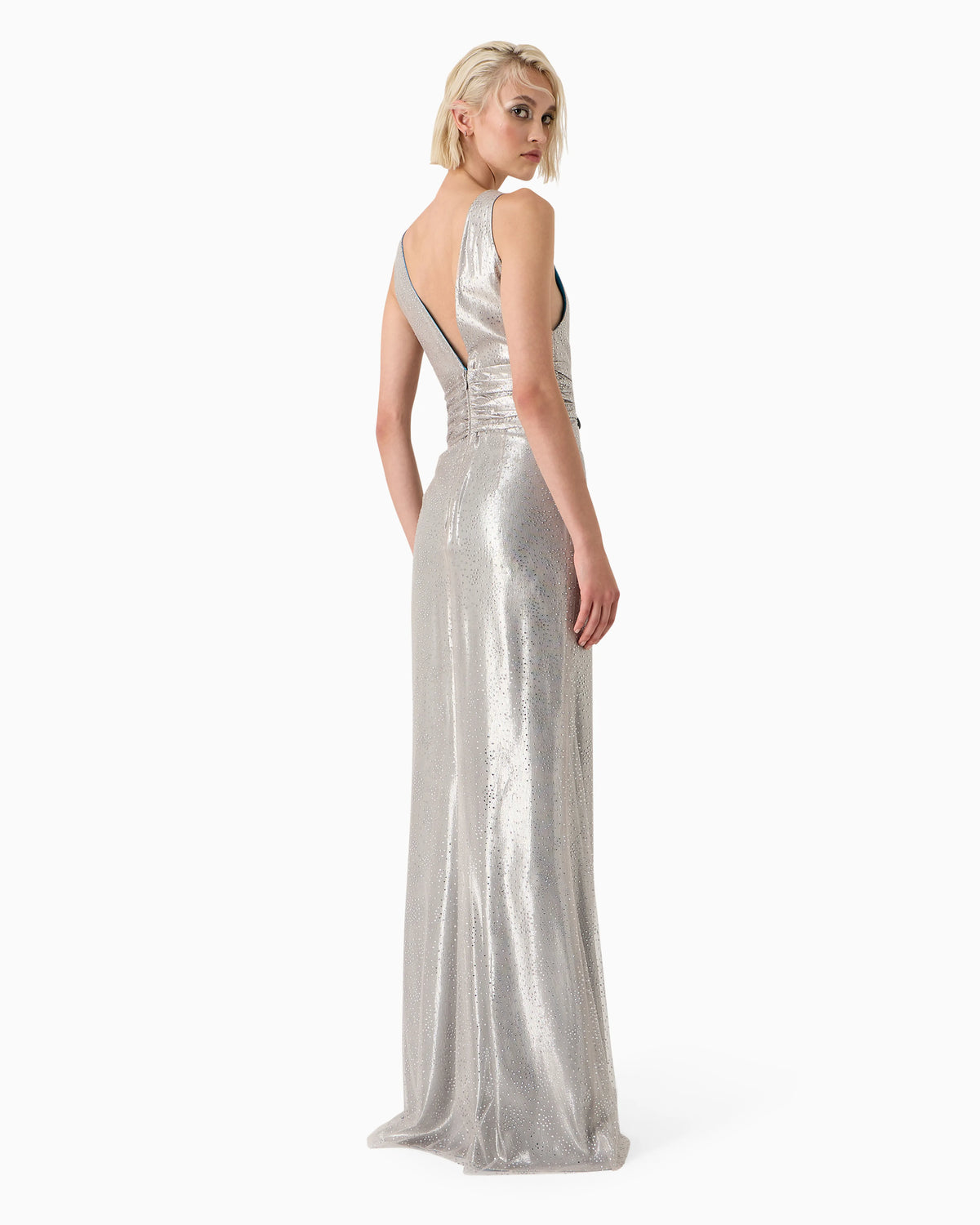 Lurex and tulle long dress with rhinestone embroidery