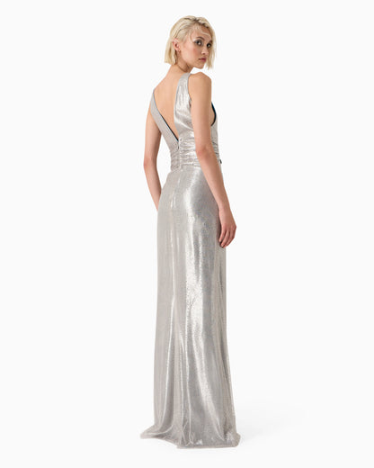 Lurex and tulle long dress with rhinestone embroidery