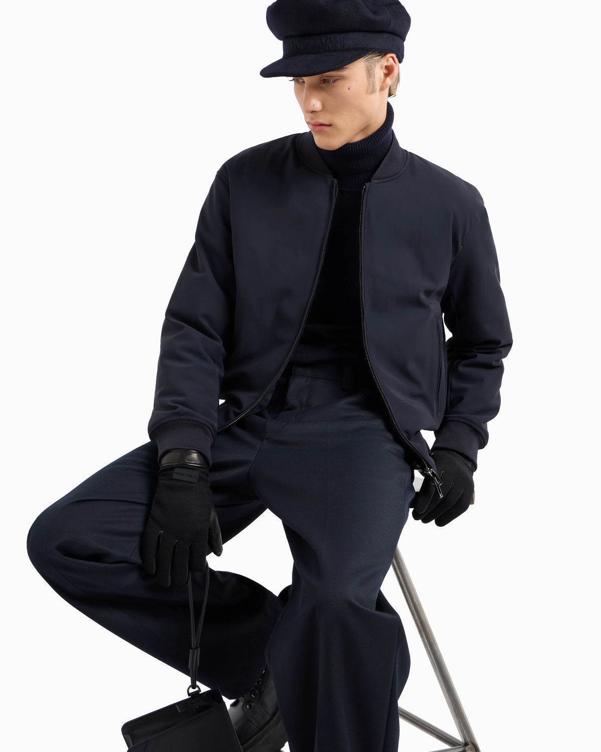 Zipped bomber jacket in technical stretch nylon