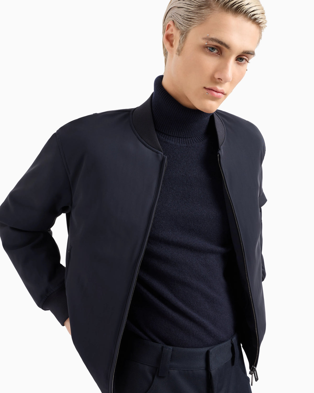 Zipped bomber jacket in technical stretch nylon