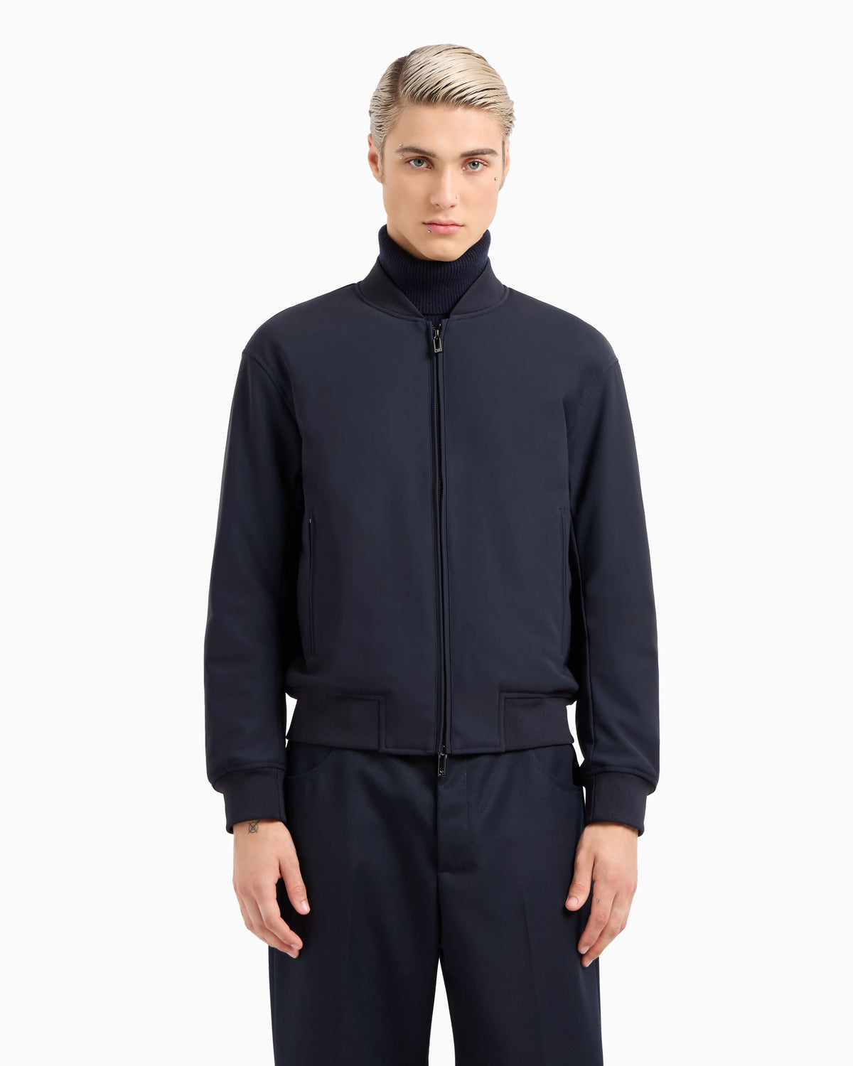 Zipped bomber jacket in technical stretch nylon