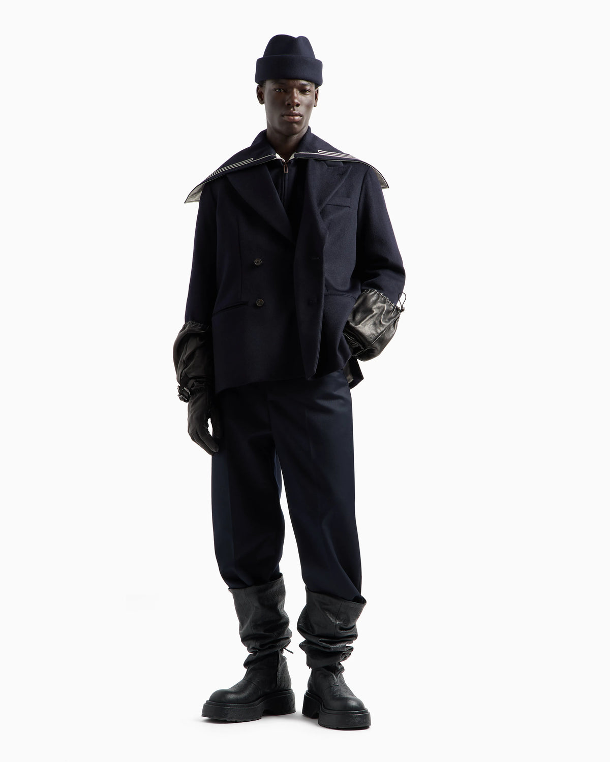 Virgin-wool cloth blouson with logo sailor collar
