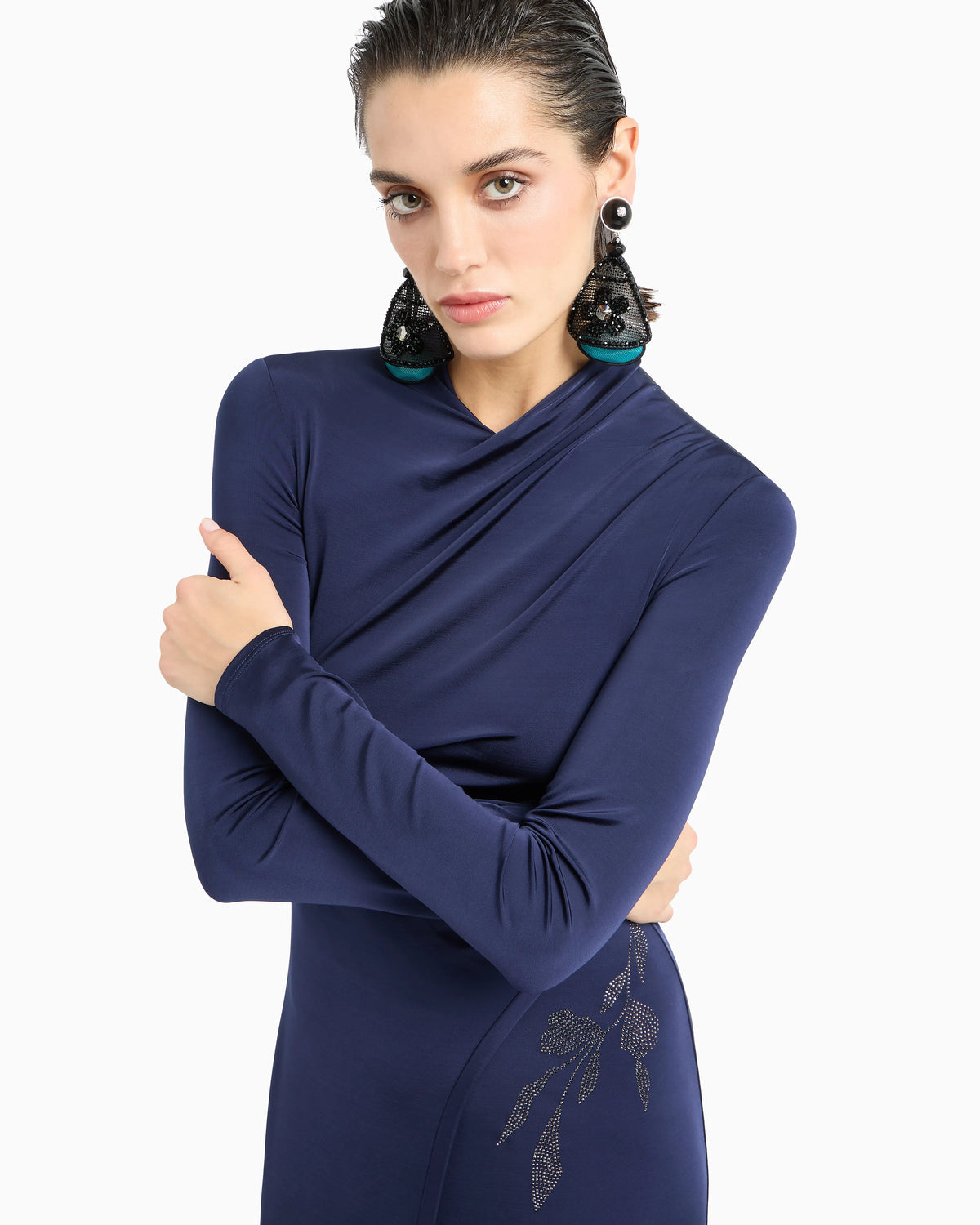 Long dress in stretch viscose jersey with rhinestones