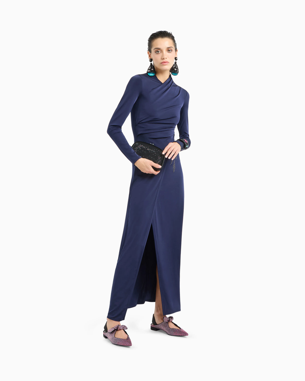 Long dress in stretch viscose jersey with rhinestones