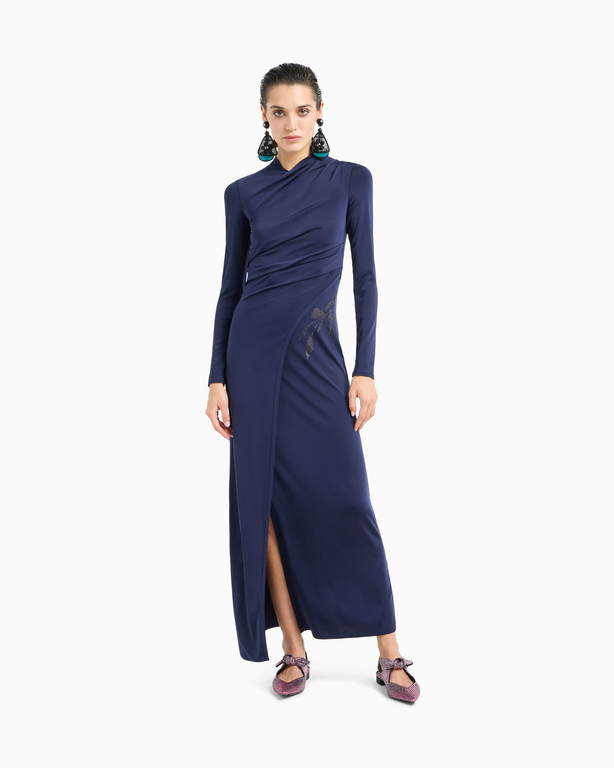 Long dress in stretch viscose jersey with rhinestones