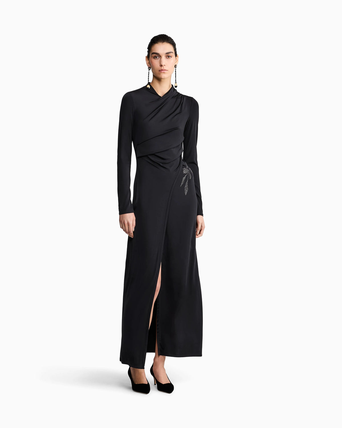Long dress in stretch viscose jersey with rhinestones