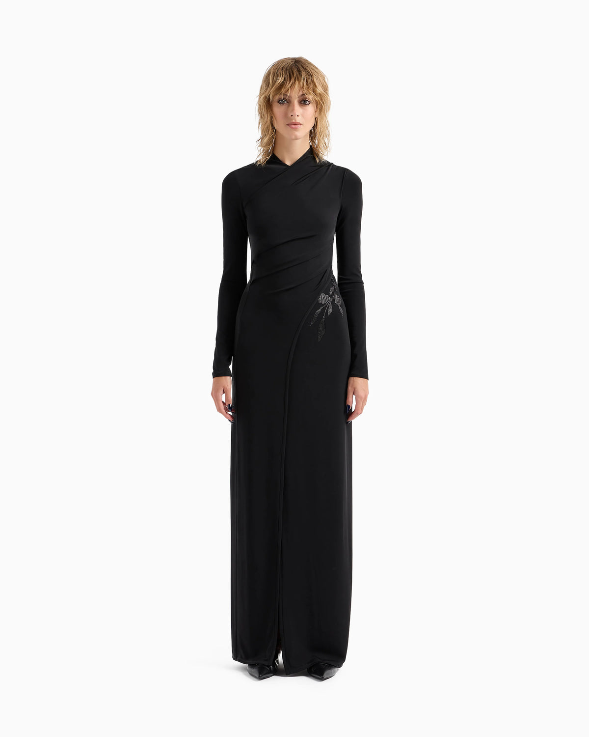 Long dress in stretch viscose jersey with rhinestones