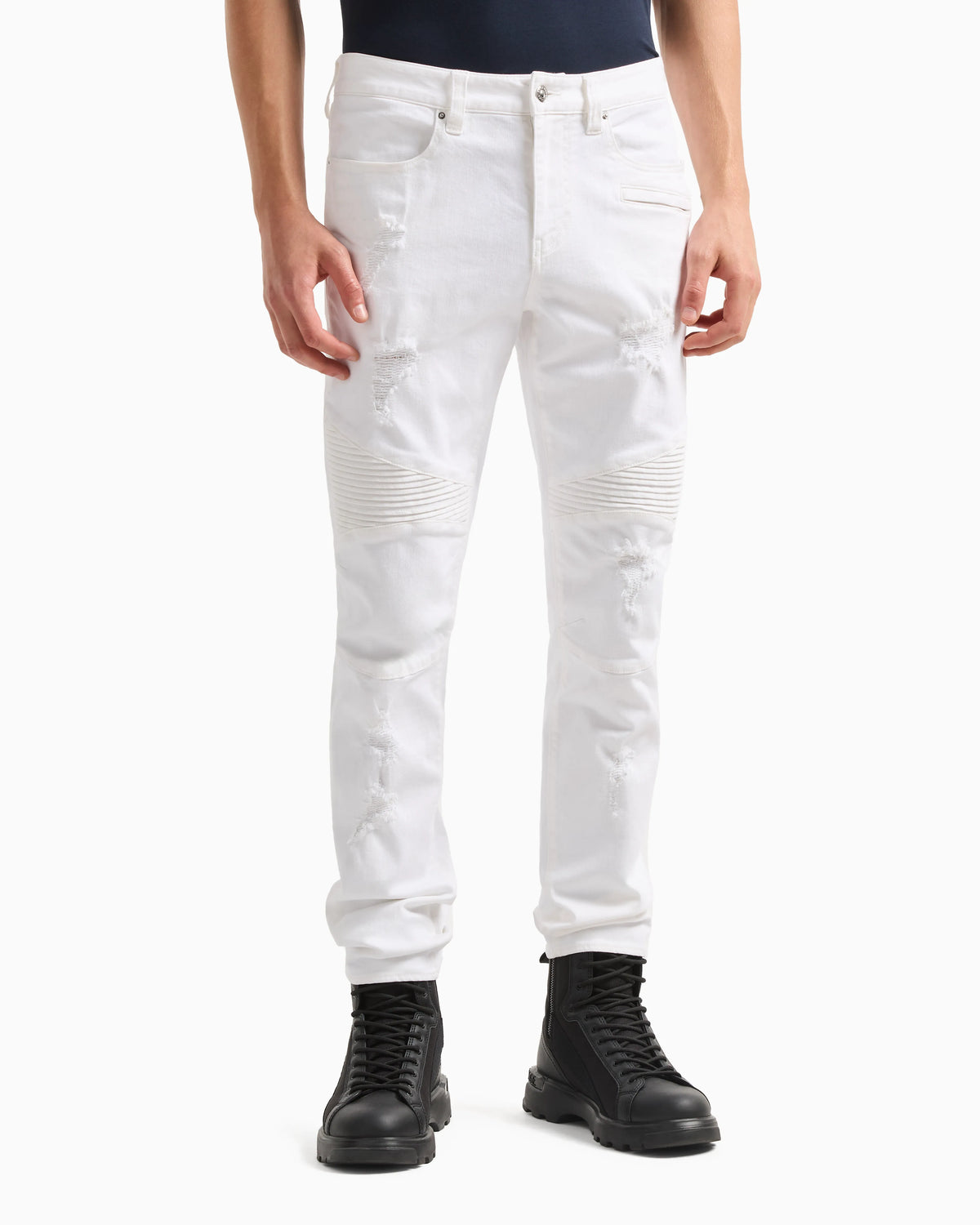J27 skinny biker fit jeans in washed denim