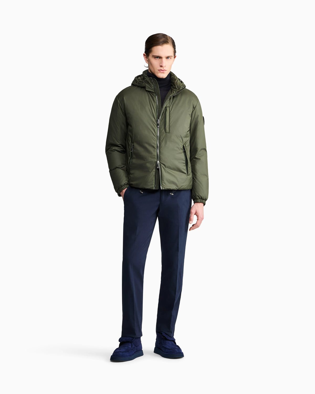 Hooded blouson with goose-down padding