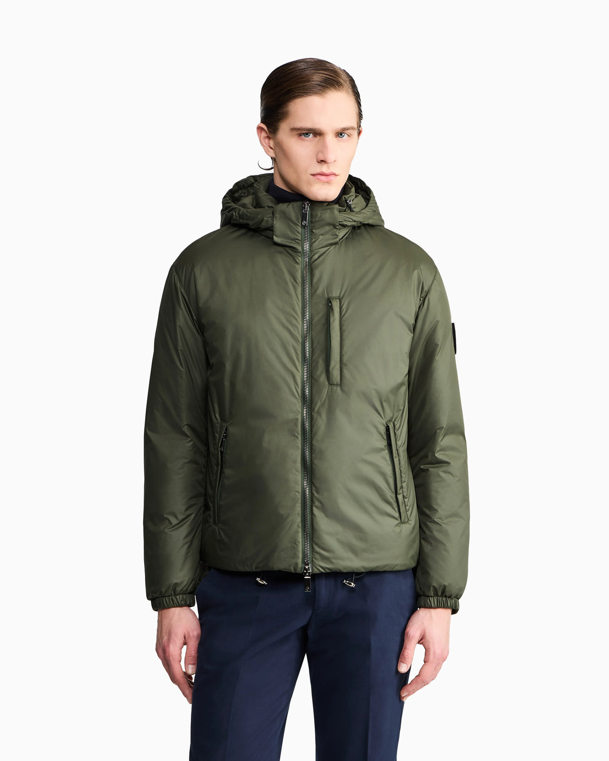 Hooded blouson with goose-down padding