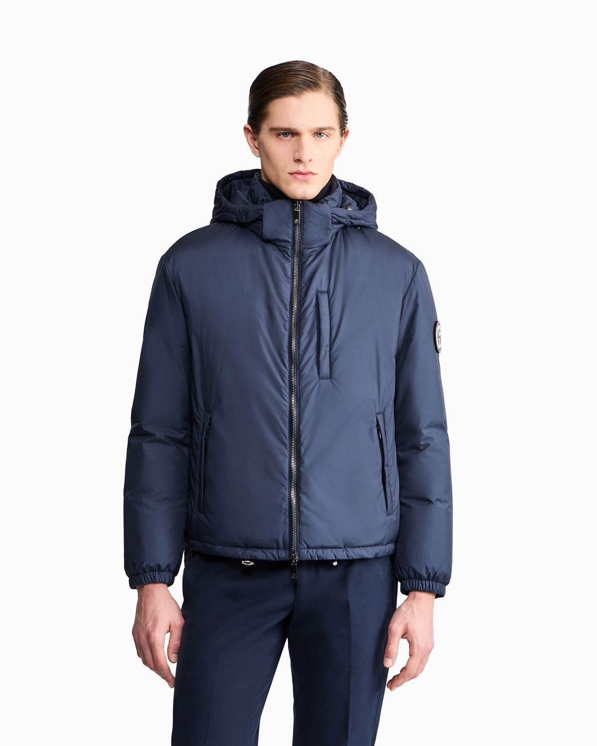Hooded blouson with goose-down padding