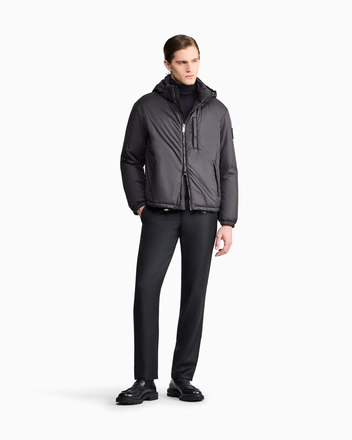 Hooded blouson with goose-down padding