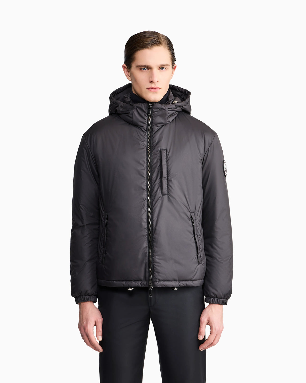 Hooded blouson with goose-down padding