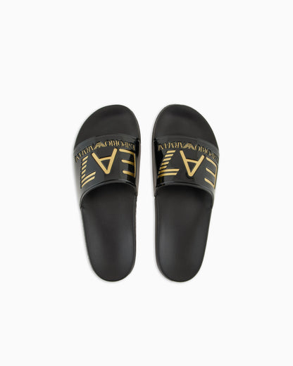 Logo slides with a wide band and anti-slip rubber soles
