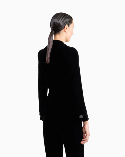 Single-breasted velvet jacket with jewel button detail