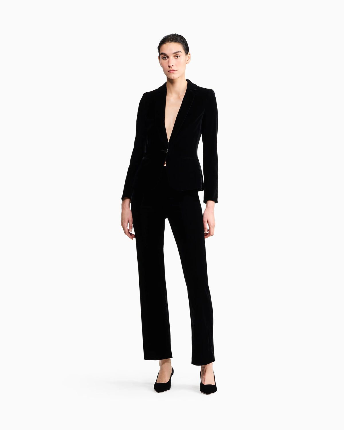 Single-breasted velvet jacket with jewel button detail