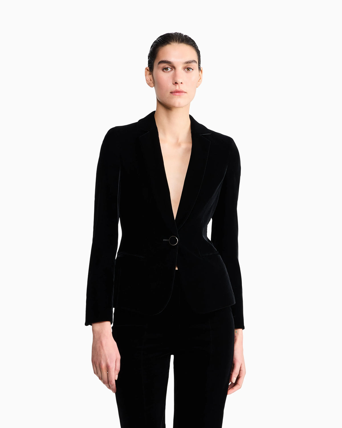 Single-breasted velvet jacket with jewel button detail