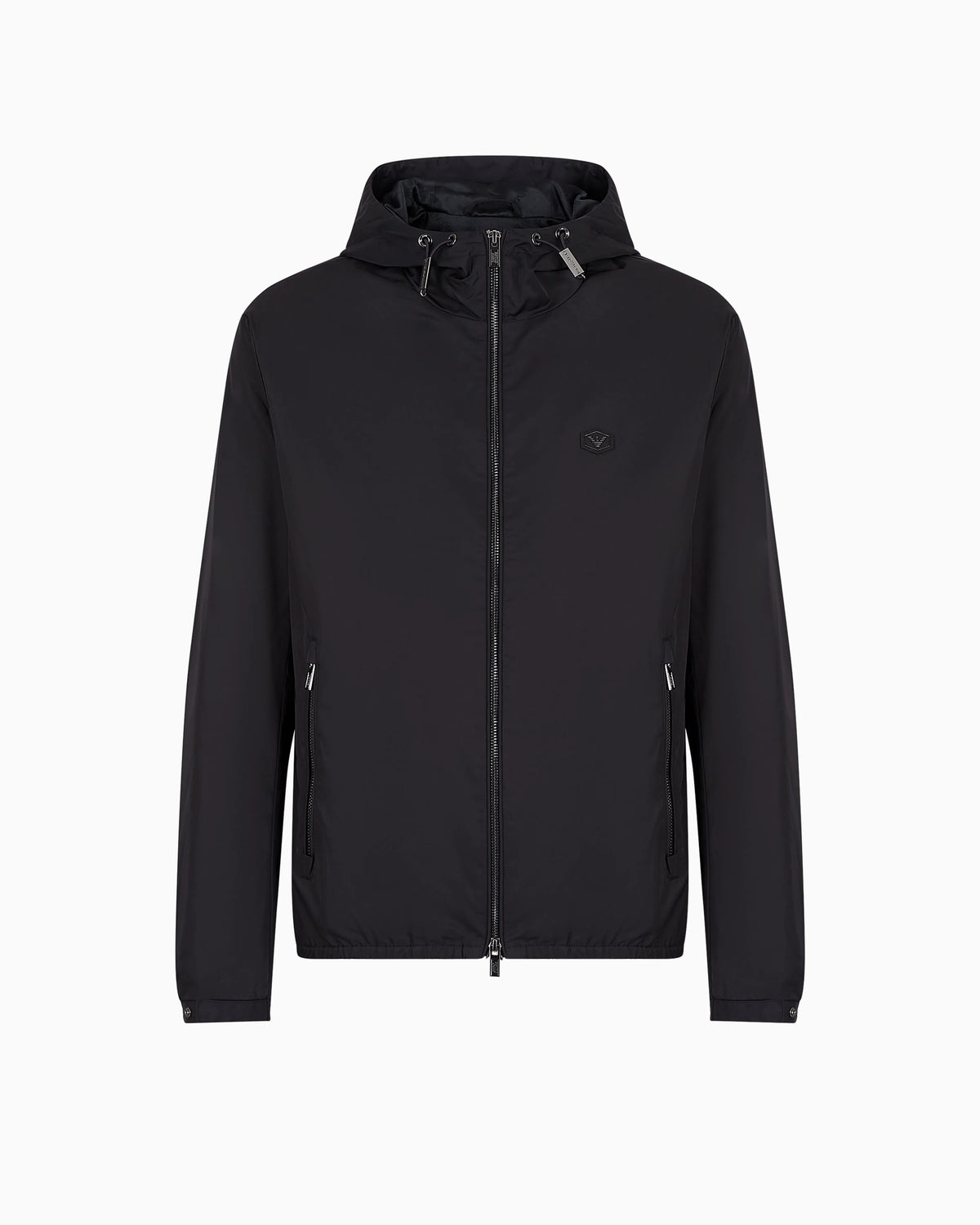Hooded, water-repellent nylon blouson with logo patch