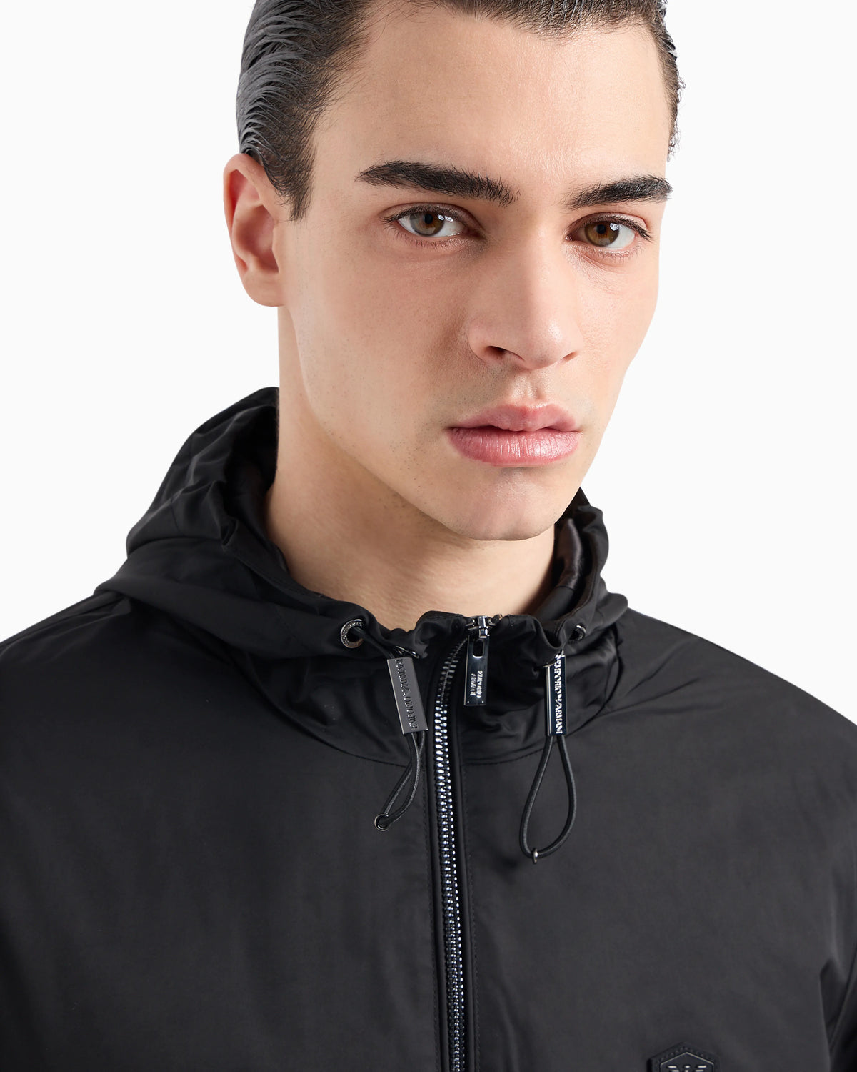 Hooded, water-repellent nylon blouson with logo patch