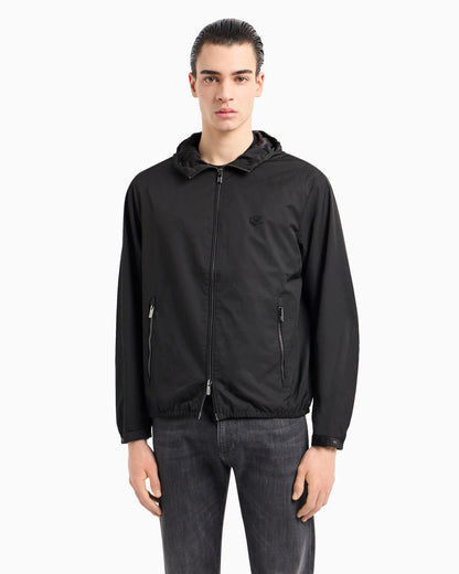 Hooded, water-repellent nylon blouson with logo patch