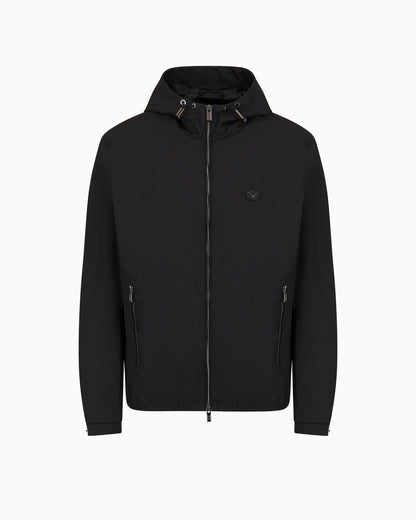 Hooded, water-repellent nylon blouson with logo patch