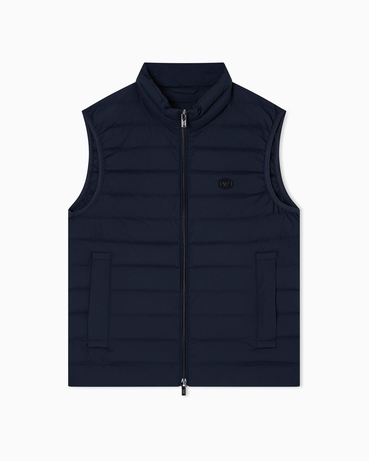 Sleeveless full-zip down jacket in quilted nylon with eagle logo patch